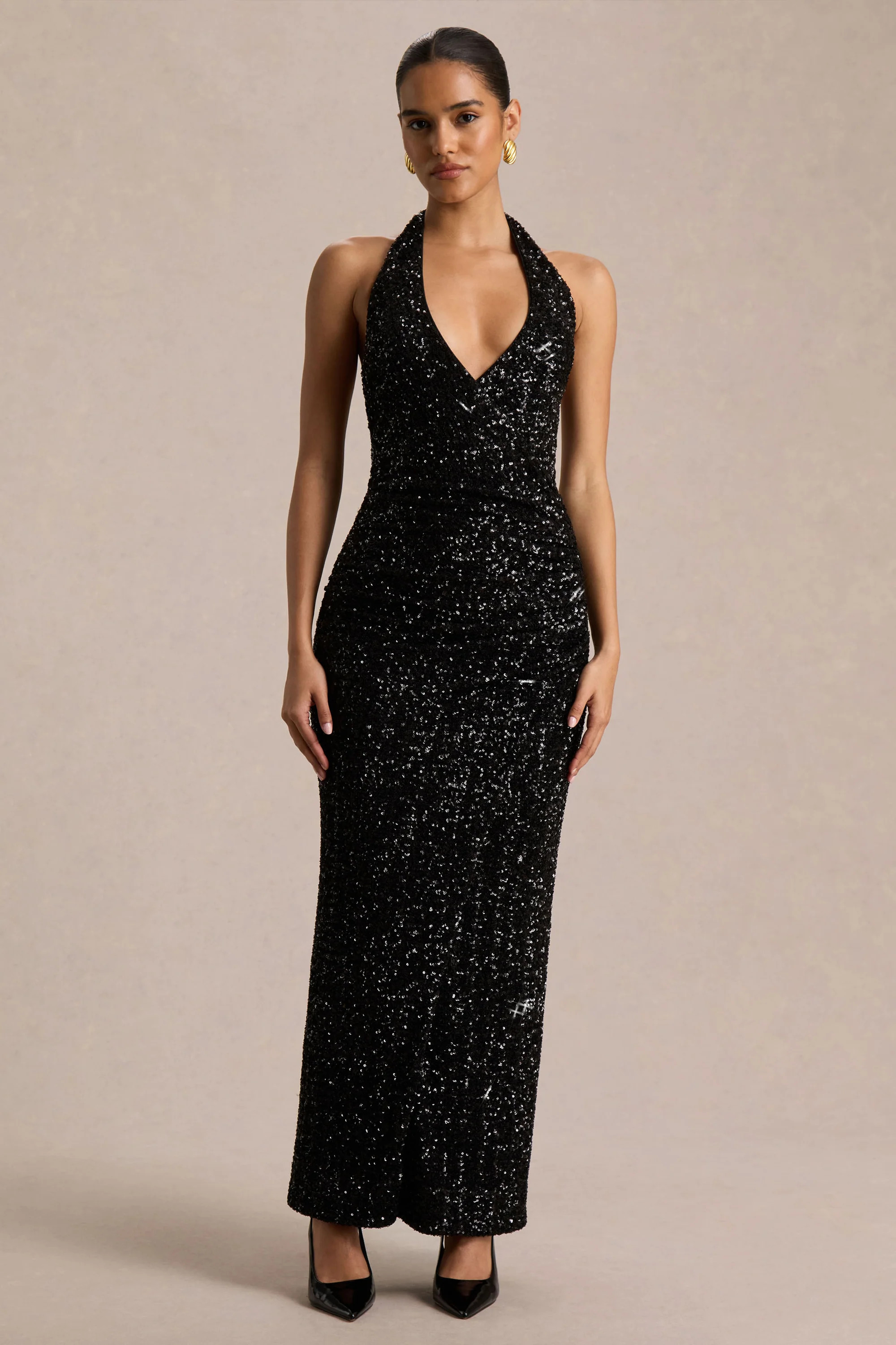Gio | Black Sequin Plunge-Neck Wrap Maxi Dress With Ruched Detailing | Club L London