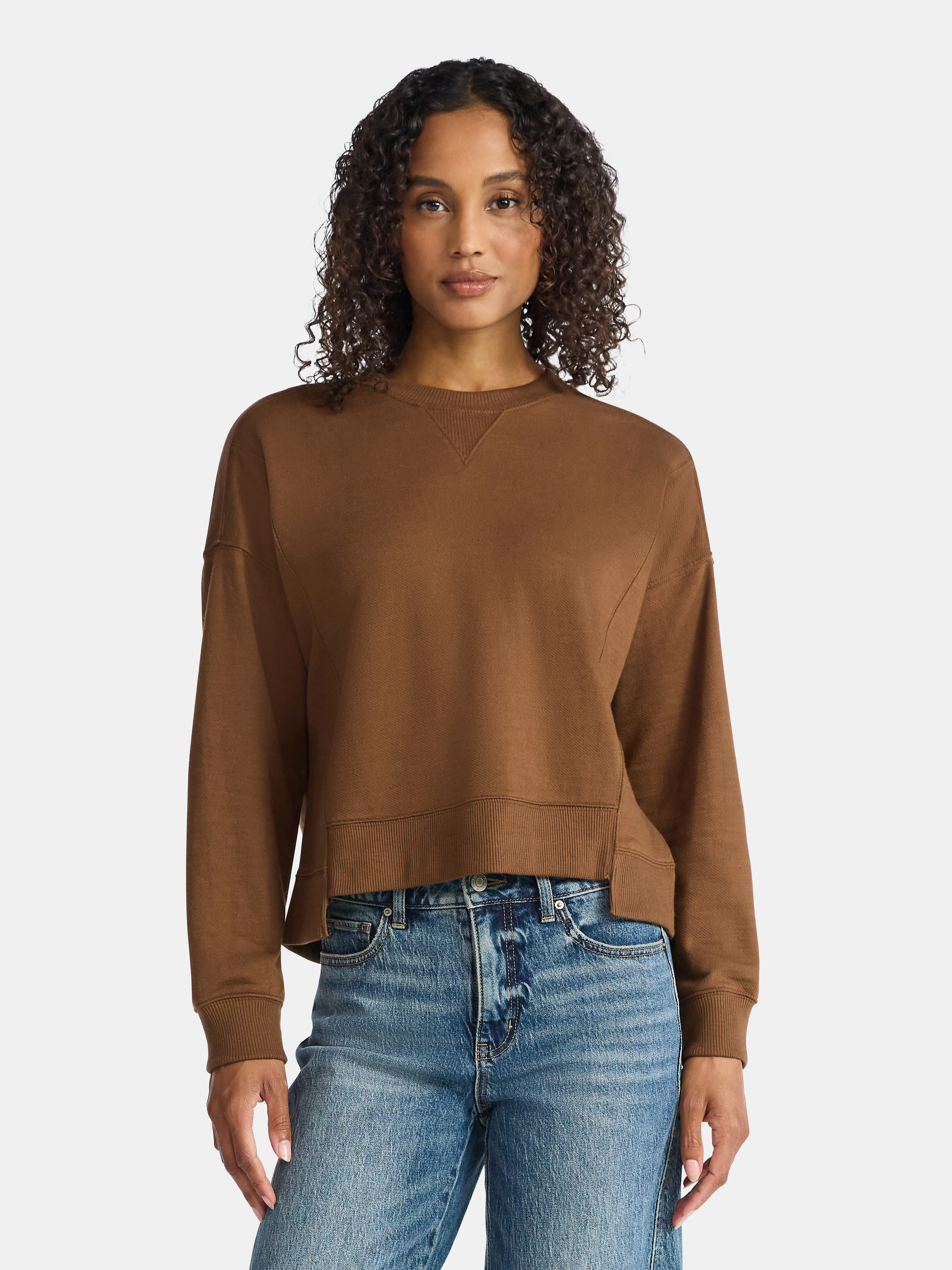 Time and Tru Women's Slub Texture Ribbed Sweatshirt with Long Sleeves, Sizes XS-XXXL | Walmart (US)