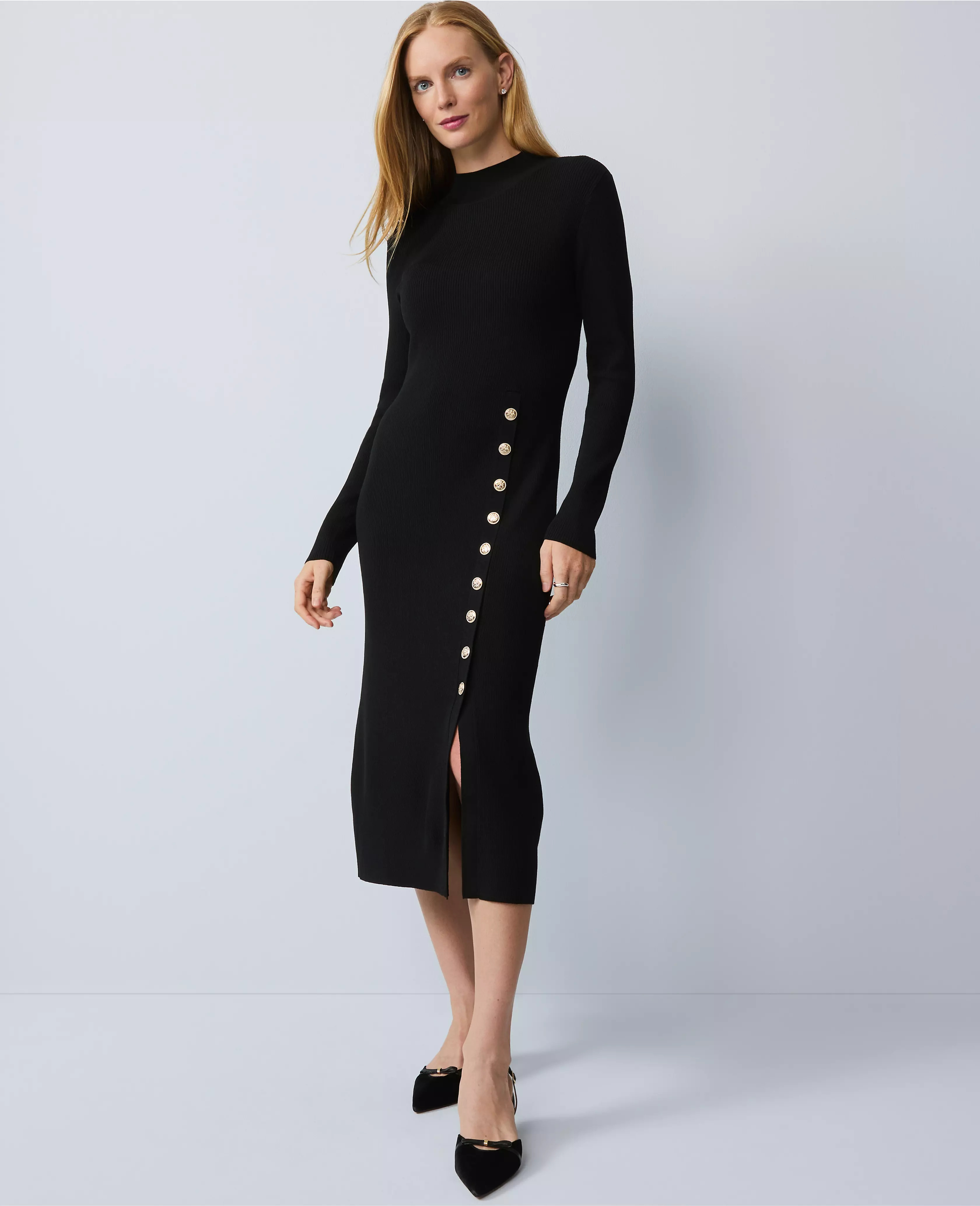 Petite Ribbed Button Sweater Dress | Ann Taylor