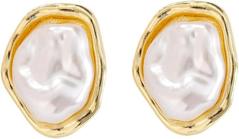 Baroque Pearl Earrings for Women 14k Gold Plated Pearl Stud Earrings Handmade Hypoallergenic Irre... | Amazon (US)