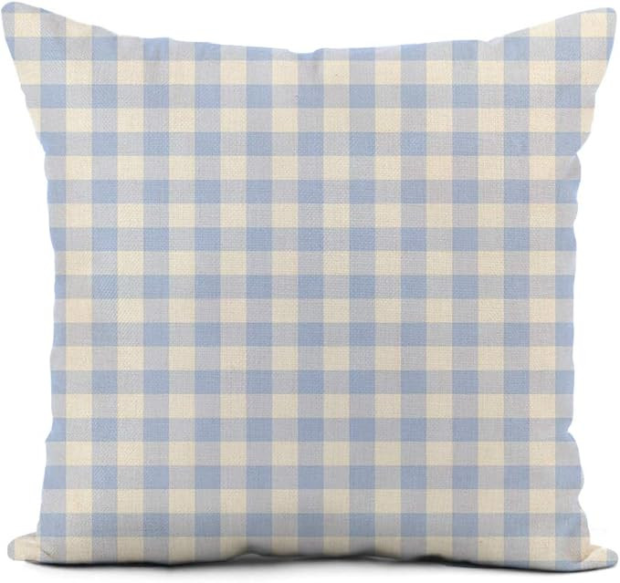 Linen Throw Pillow Cover Pattern Light Blue Gingham Plaid Check Tartan White Checkered Home Decor... | Amazon (US)