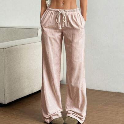Women's Pink Cotton Low Waist Drawstring Tie Straight Leg Pants, Casual & Stylish For Spring Home Wear | SHEIN