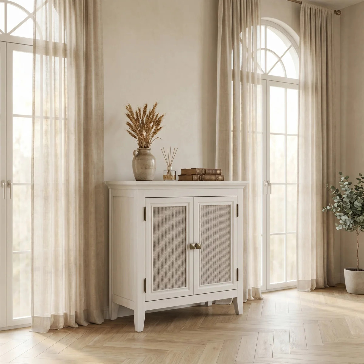 French Country Accent Storage Cabinet, White Wooden Sideboard with Woven Rattan Cabinet Doors, Fr... | Wayfair North America