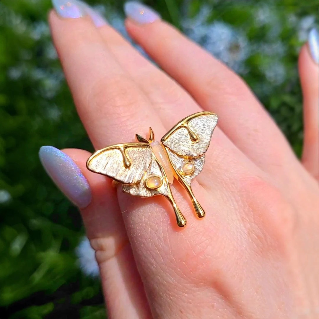 Luna Moth Moonstone Ring – Silver & Gold Nature-inspired Moth Jewelry, Celestial Moonstone Stat... | Etsy (Global)