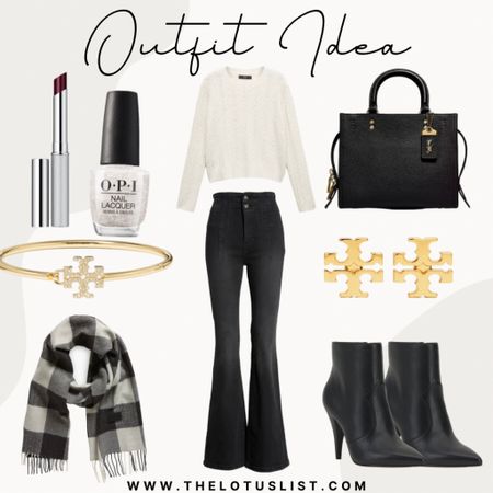 Outfit Idea

LTKGiftGuide / LTKbeauty / ltkplussize / ltkmidsize / LTKtravel / LTKsalealert / LTKstyletip / Tory Burch / Tory Burch bag / Tory Burch earrings / white nail polish / nail polish / Clinique black honey / Clinique / Clinique lipstick / scarves  / scarf / black and white scarf / flare jeans / black jeans / white sweater / gold stud earrings / gold earrings / coach bag / black bag / black coach bag / shoes / black heeled boots / boots 

#LTKSeasonal #LTKshoecrush #LTKitbag