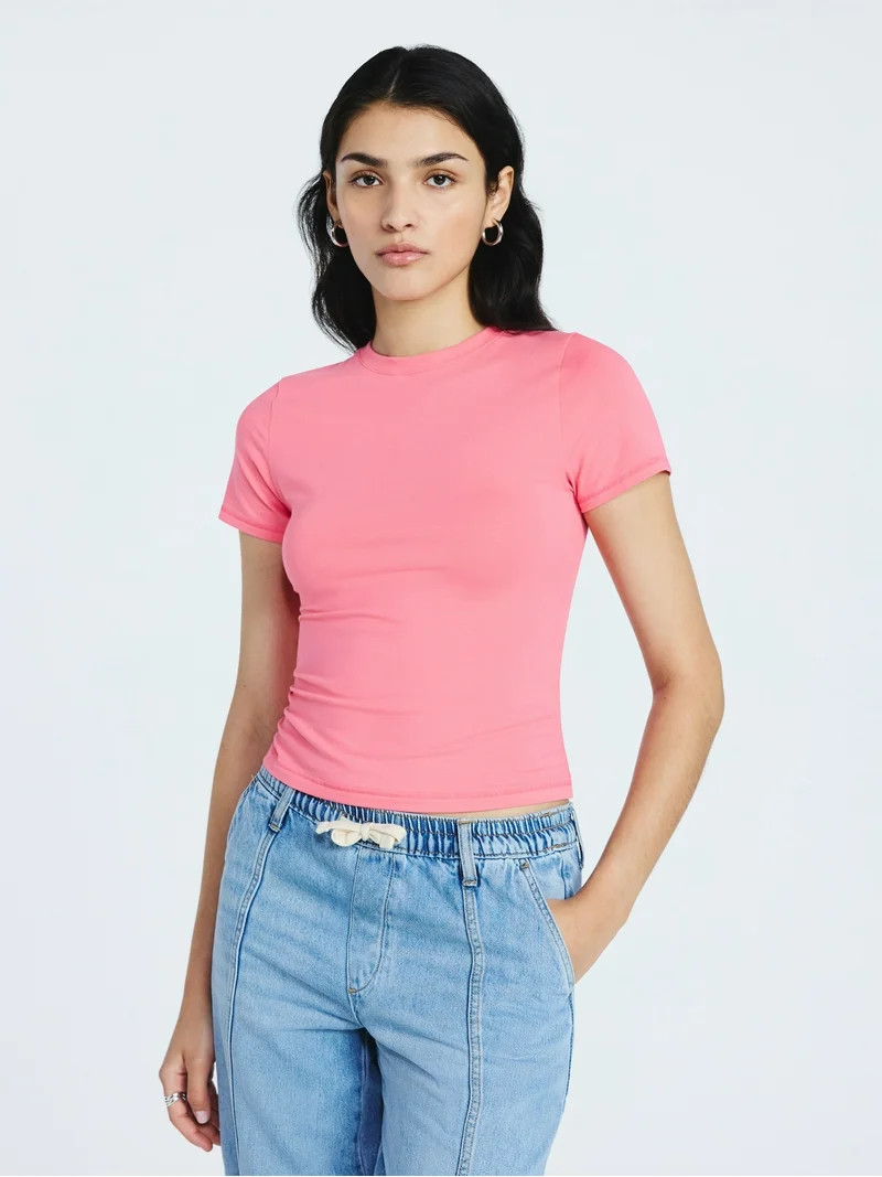 Scoop Women’s Stretch Cotton Blend Baby Tee with Short Sleeves, XS-XXL | Walmart (US)