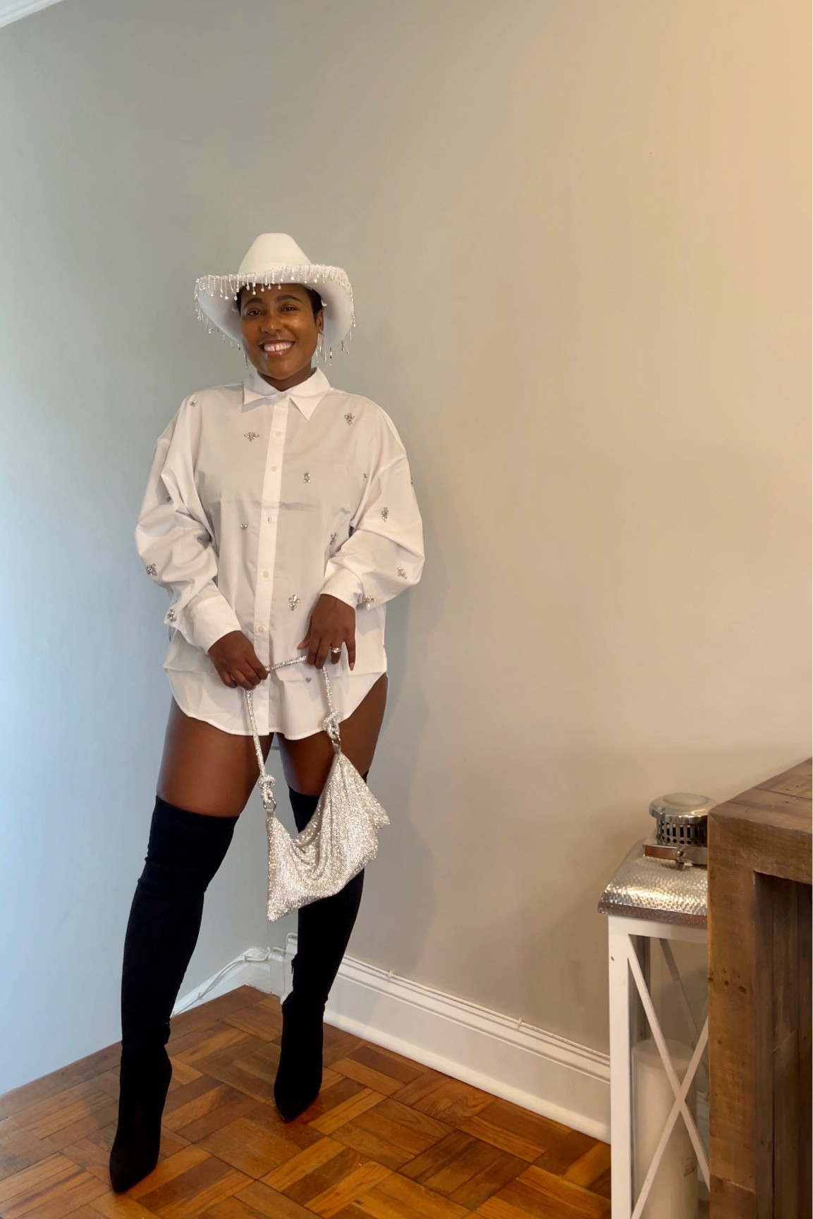 Size up at to wear oversized shirt as a dress 

Beyoncé concert outfit
Renaissance concert outfit 
Country concert outfit 

Embellished white shirt
Thigh high black boots
White cowboy hat fringed cowboy hat 

#LTKSeasonal #LTKFind #LTKstyletip