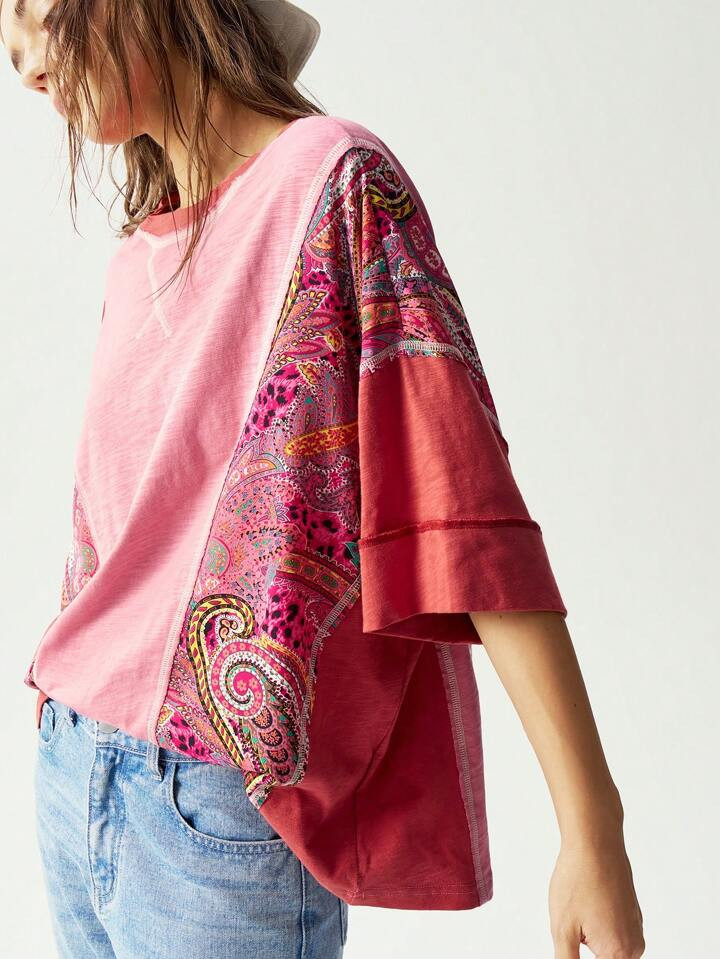 Bohemela Women's Casual Striped Patchwork Crew Neck Short Sleeve Asymmetrical Hem Loose T-Shirt | SHEIN