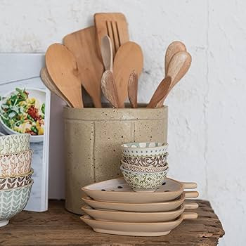 Decorative Stoneware Crock with Line Detail, Tan | Amazon (US)