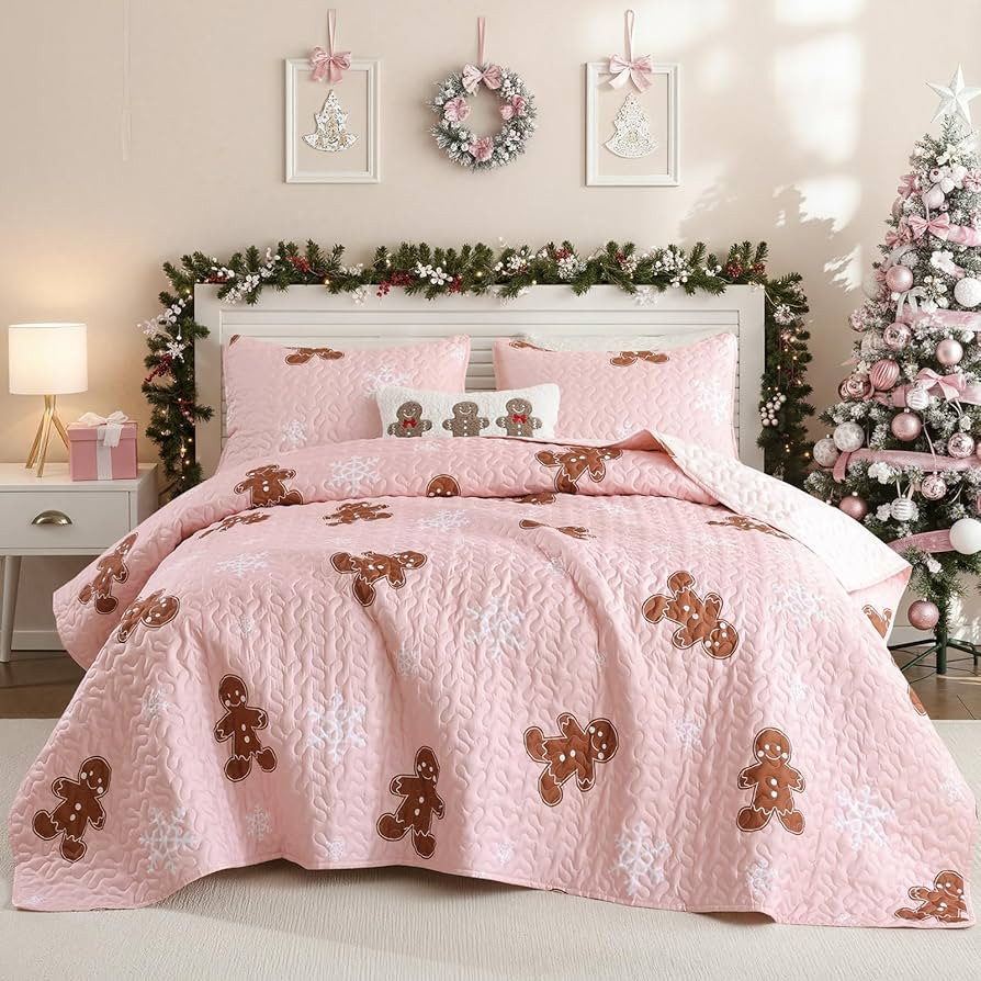 FROZZUR Christmas Quilt Set Queen Size - Pink Gingerbread Bedding, Lightweight Soft Breathable Wi... | Amazon (US)