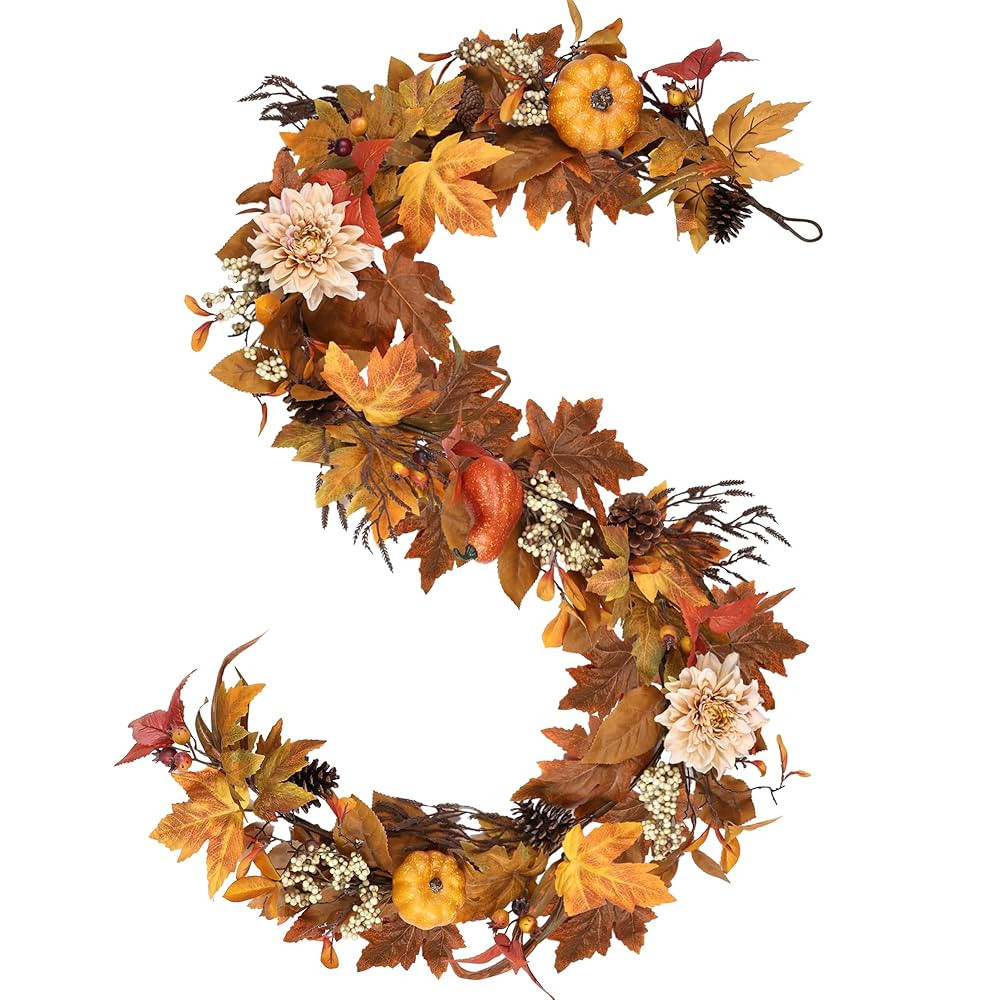 Fall Garland 6Ft Lifelike Autumn Maples Leaf Pumpkin Garland with Berries Pine Cones, Fall Decora... | Amazon (US)