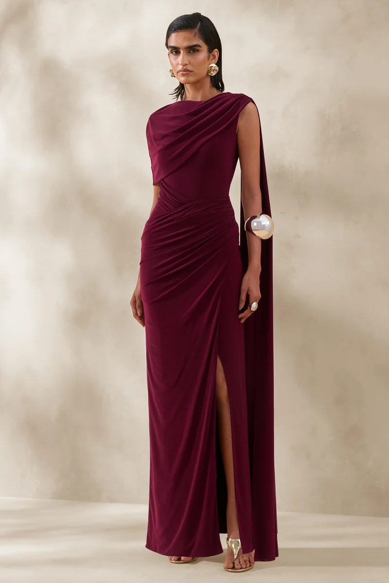 Palomara  Burgundy Round-Neck Maxi Dress With Sash And Front-High Split | Club L London