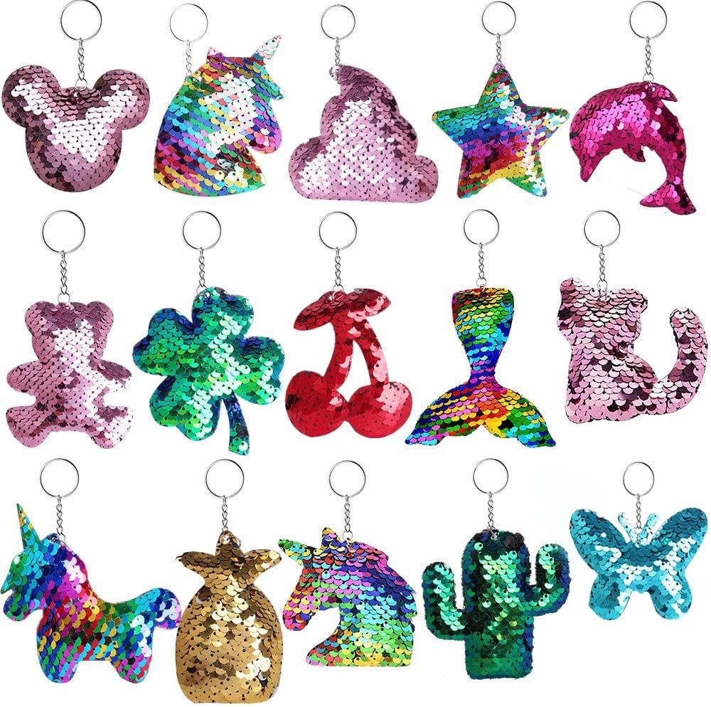 OUTEE Sequin Keychain 15 Pcs Flip Sequin Keychain for Mermaid Tail Clover Cat Animals Shape Chris... | Amazon (US)