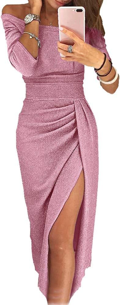 OrientalPort Women Off Shoulder Dress Glitter Side Slit Evening Party Cocktail Bodycon Midi Penci... | Amazon (UK)