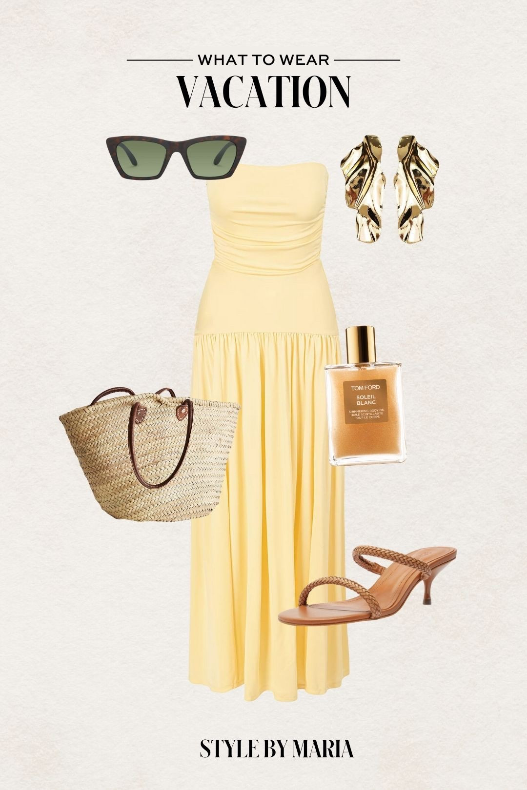 Vacation outfit ideas
Staud butter yellow dress on sale
Schutz braided heels
Straw tote 
Tom ford body oil on sale 

#LTKStyleTip #LTKSaleAlert #LTKTravel