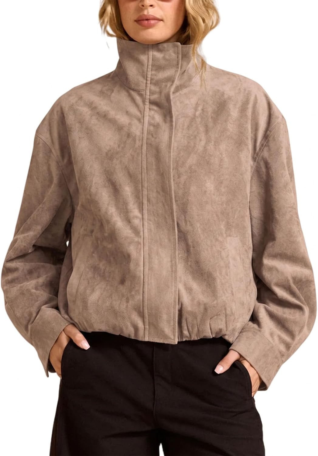 Womens Faux Suede Bomber Jacket Cropped Funnel Neck Fall Coats | Amazon (US)