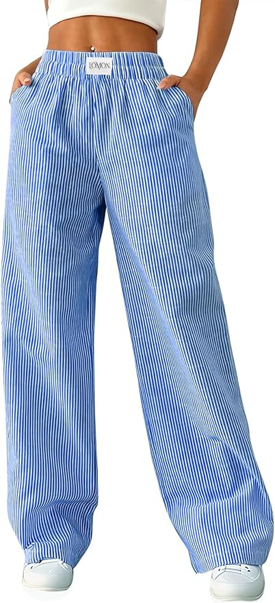 LOMON Women's Striped Gingham Boxer Pants Cotton Pajama Lounge Pj Casual Plaid Trousers Y2K Beach... | Amazon (US)