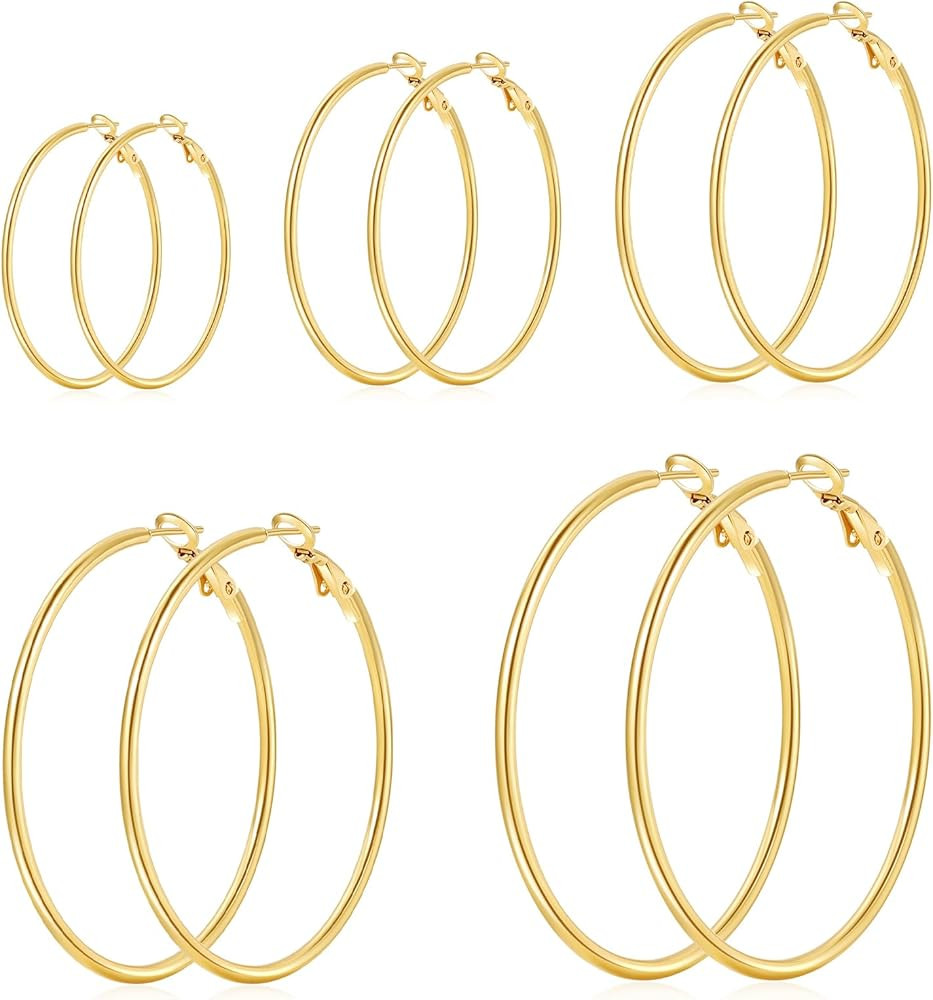 BMMYE 2MM Thin Stainless Steel Hoop Earrings Set Lightweight Hypoallergenic Gold Hoop Earrings Bi... | Amazon (CA)