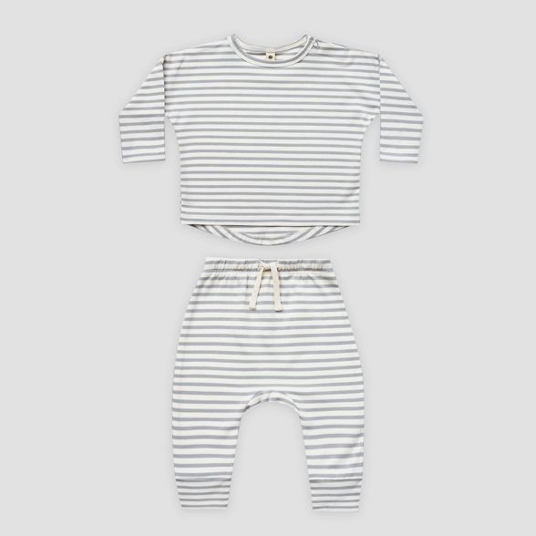 Q by Quincy Mae Baby 2pc Striped Brushed Jersey Top & Bottom Set - Ivory/Blue Fog | Target