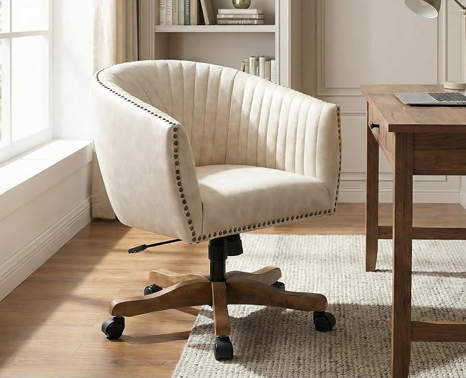 Beige Faux Leather Home Office Desk Chair, Upholstered Barrel Swivel Adjustable Arm Desk Chair wi... | Amazon (US)