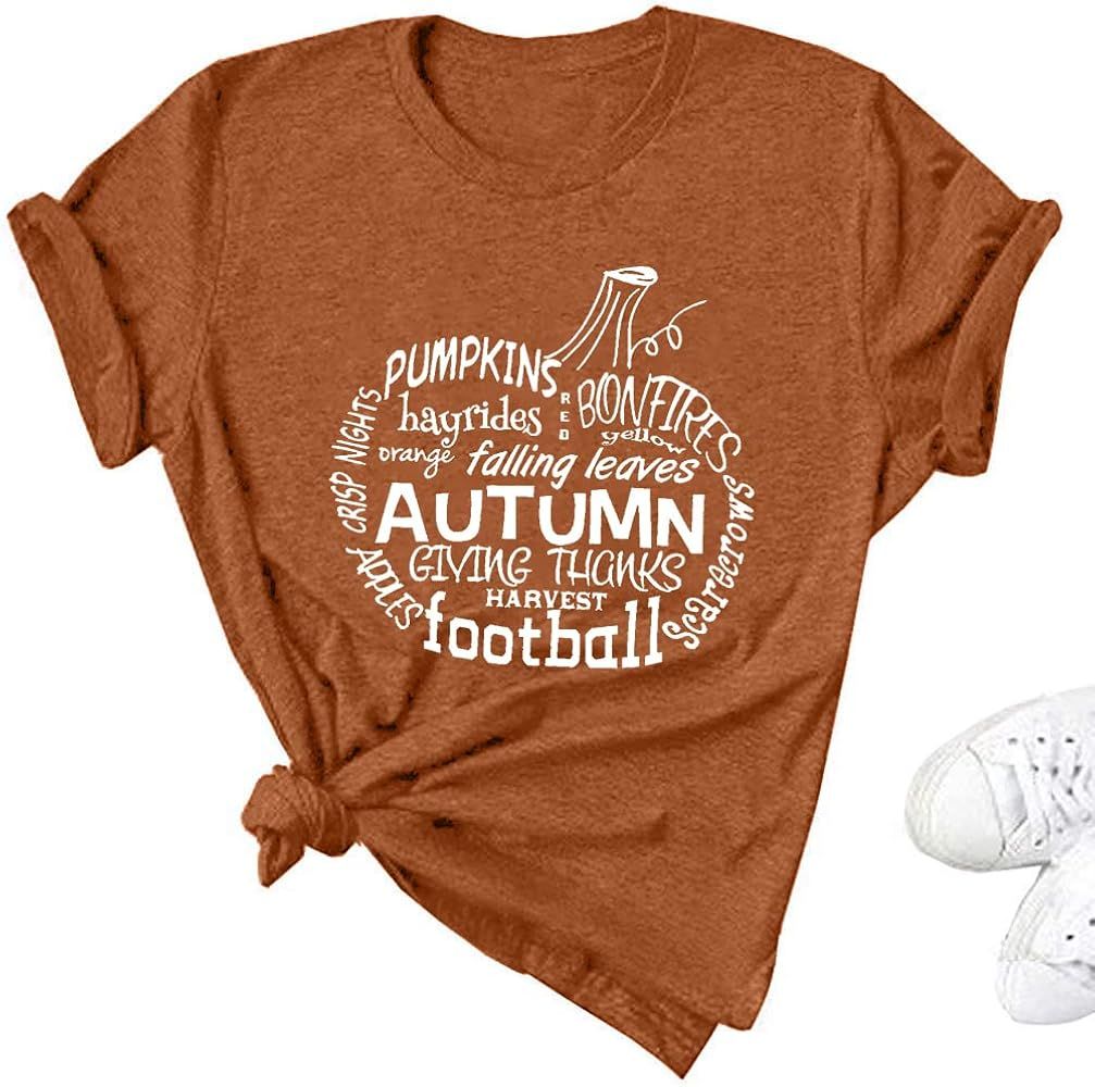 Fall T-Shirt Women Fall Graphic Tees Thanksgiving Pumpkin Print Tee Halloween Letter Print Top Fa... | Amazon (US)