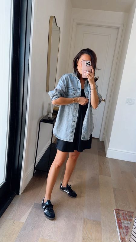 Casual outfit idea 💙🖤 My dress and jean jacket are on sale! This  jacket is probably one of my most worn pieces in my closet! Size down, runs generous. Sambas are unisex men’s size 6.5M/8W

Jacket S 
Dress XS TTS 

#LTKunder100 #LTKsalealert #LTKFind