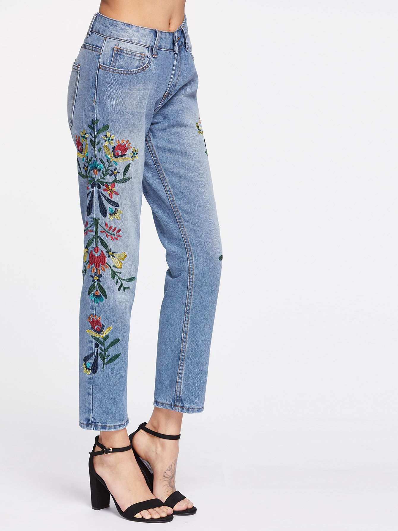 High Waist Embroidery Full Length Jeans | SHEIN