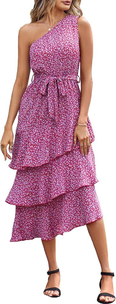 PRETTYGARDEN Women's Summer Floral Sundress Casual One Shoulder Tiered Ruffle Flowy Midi Beach Bo... | Amazon (US)