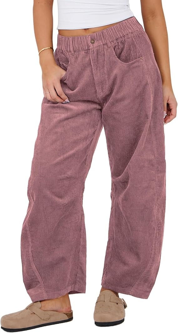 SeekMe Women's Corduroy Pants Barrel Mid-Rise Elastic Waist Cord Pants Casual Wide Leg Baggy Trou... | Amazon (US)