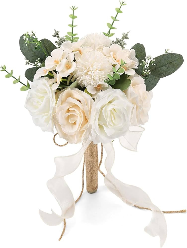 9.5In Wedding Bouquets for Bride Bridesmaid, Champagne Roses White Artificial Flowers Toss Bouque... | Amazon (US)