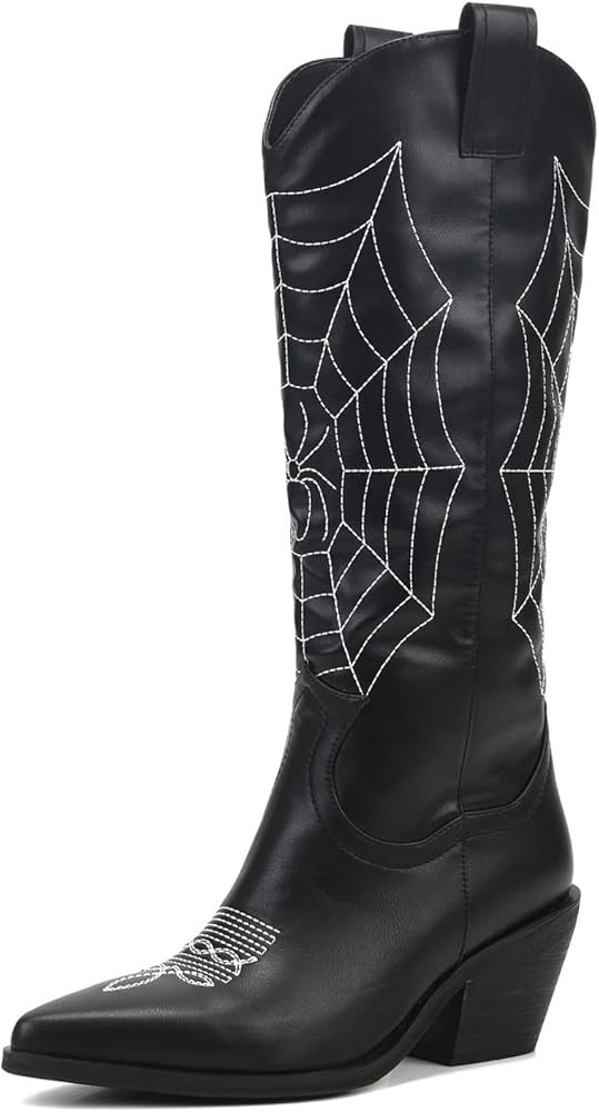Women's Western Mid-Calf Boots Cowboy Embroidered Spider Web boots Low Chunky Block Heel Knee Hig... | Amazon (US)