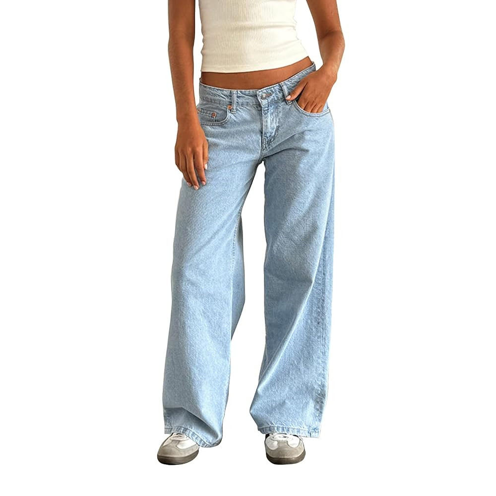 Women Y2k Low Rise Baggy Jeans Loose Fit Boyfriend Straight Wide Leg Jeans Trendy Stretch Long De... | Amazon (US)