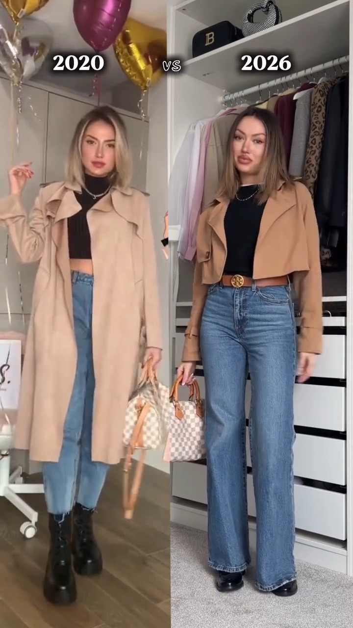 same concept - different style 🤌🏼 which one do you prefer?
✔️2026 wears:
Jeans @levislondon 
Sweater @sheinofficial 
Belt @toryburch 
Jacket @shein_gb 
Loafers @hm 
Bag @louisvuitton 
#2020vs2026 #styling #styleupdate