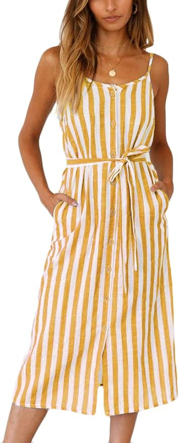 Kaei&Shi Backless Striped Dress with Pockets,Midi Bow Knot Dress for Women,Front Button Down Spag... | Amazon (US)
