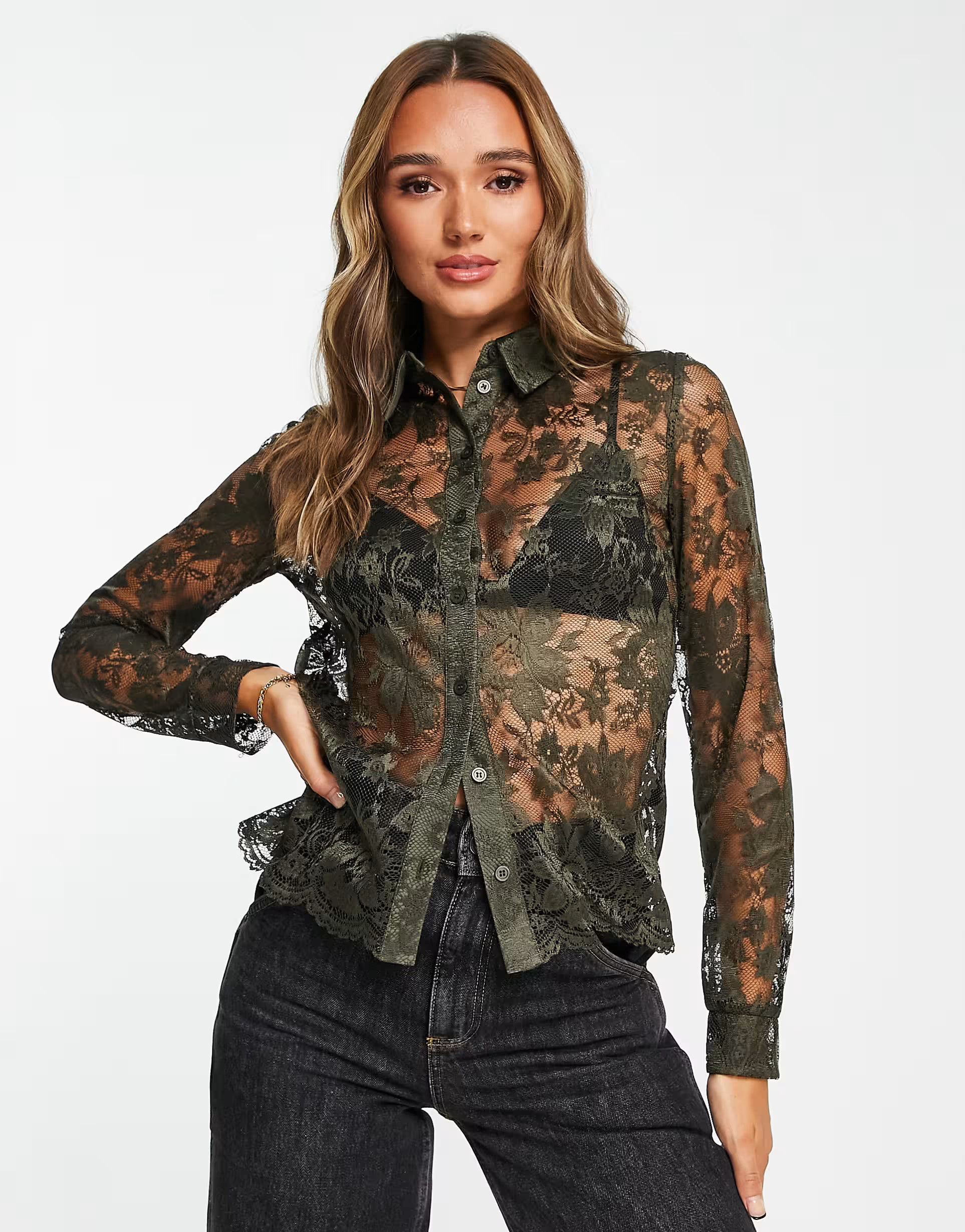 Topshop sheer lace shirt in khaki | ASOS (Global)
