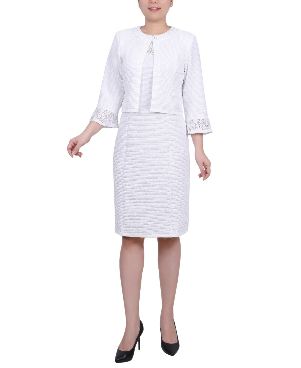 Ny Collection Petite Two Piece Novelty Knit and Lace Dress Set - White | Macy's