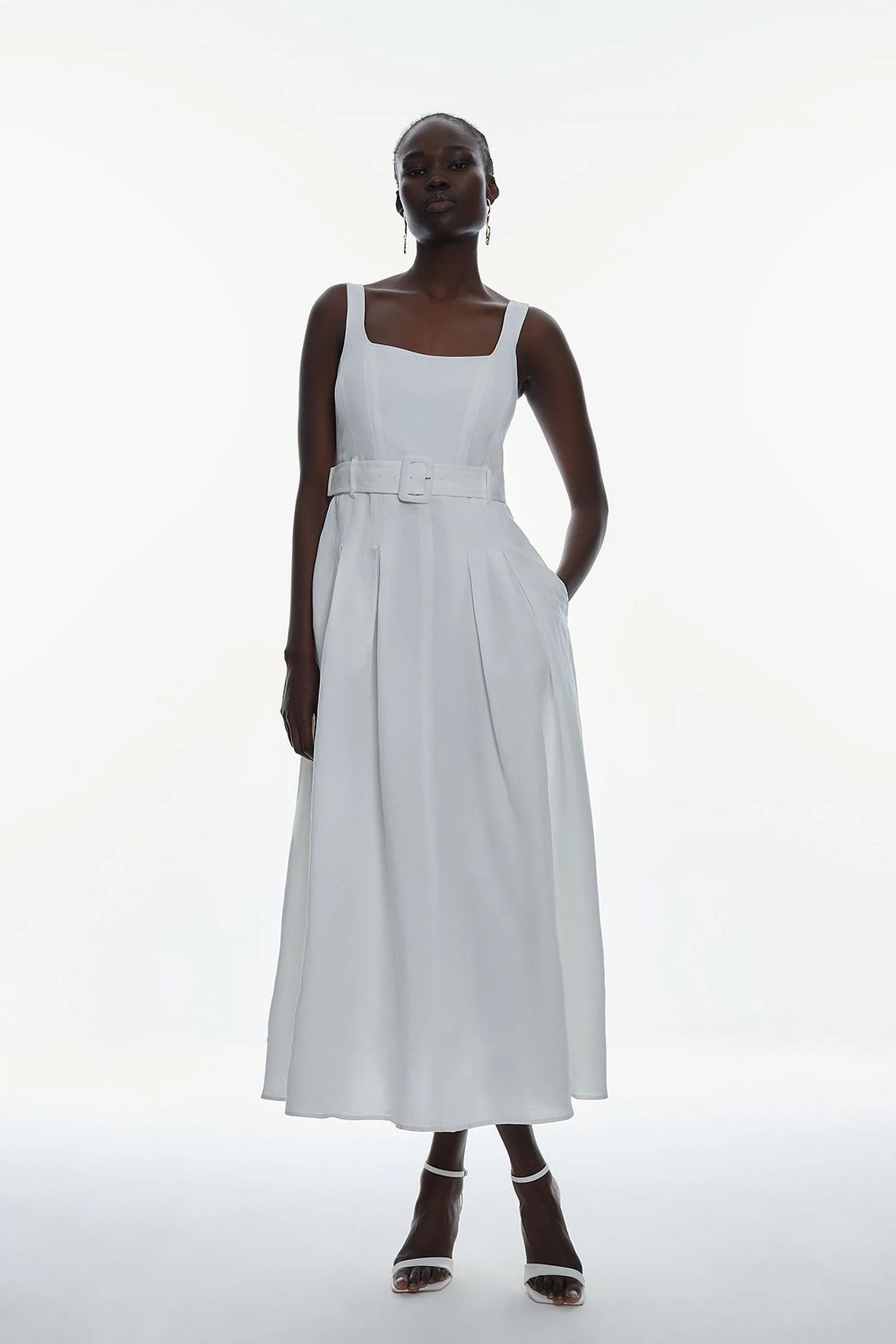 Linen Seamed Detail Full Skirted Midi Dress | Karen Millen UK + IE + DE + NL