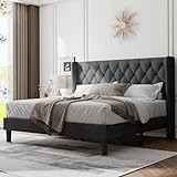 Feonase King Size Bed Frame with Wingback, Upholstered Platform Bed with Diamond Tufted Headboard, Heavy Duty Bed Frame, Wood Slat, Easy Assembly, Noise-Free, No Box Spring Needed, Dark Gray | Amazon (US)