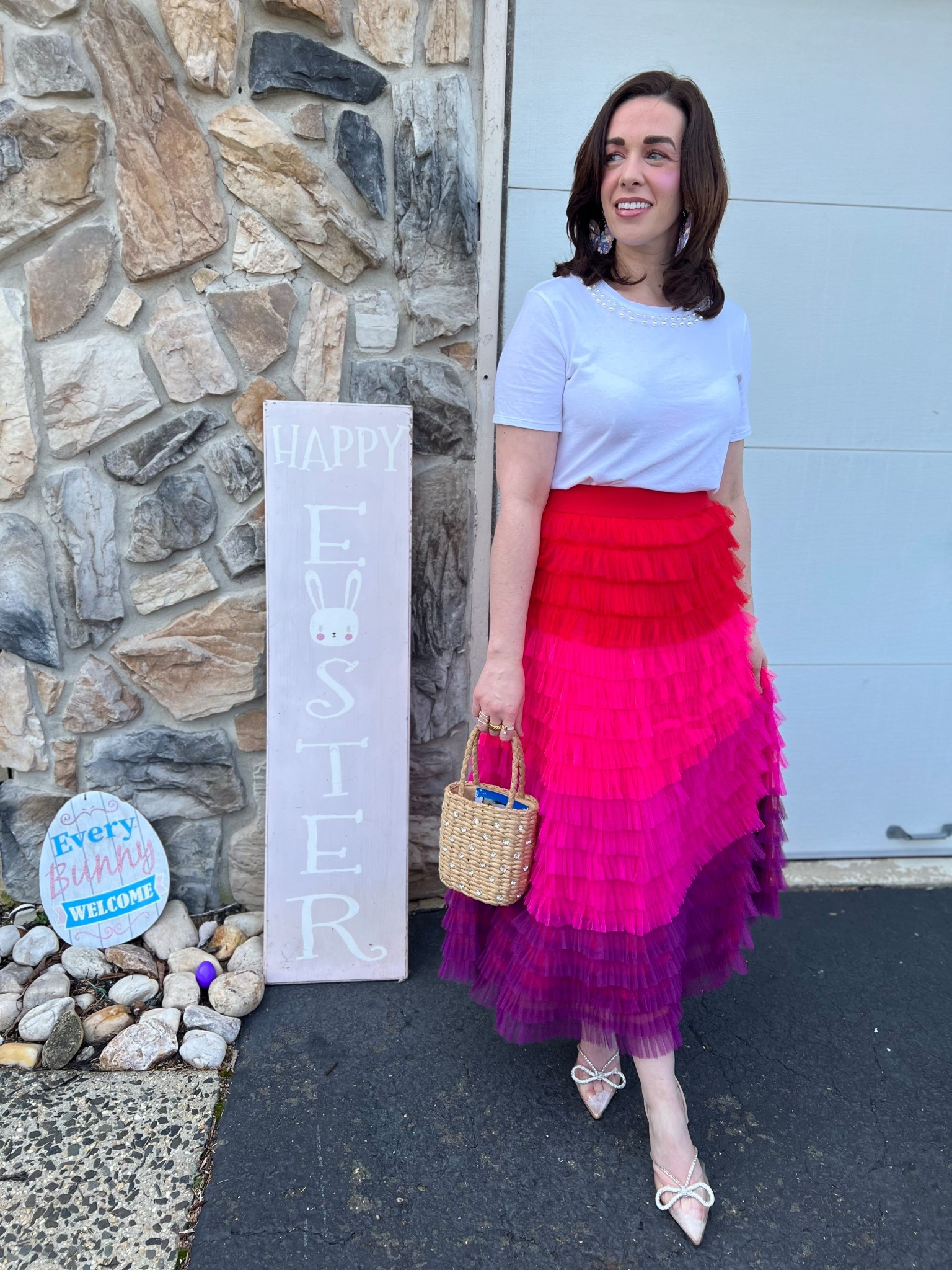 White embellished tshirt (s). Pink ombré ruffle tiered maxi skirt (s). Clear bow heels (8.5). #tshirt #whitetshirt #embellishedtshirt #skirt #pinkskirt #tieredskirt #maxiskirt #ombreskirt #heels #bowheels #clearheels #springoutfit #easteroutfit 
spring outfits 2026 
easter outfits women 

#LTKSeasonal #LTKootd