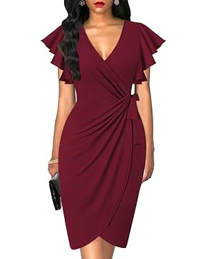 oten Womens Deep V Neck Ruffle Sleeve Sheath Casual Cocktail Party Work Faux Wrap Dress | Amazon (US)