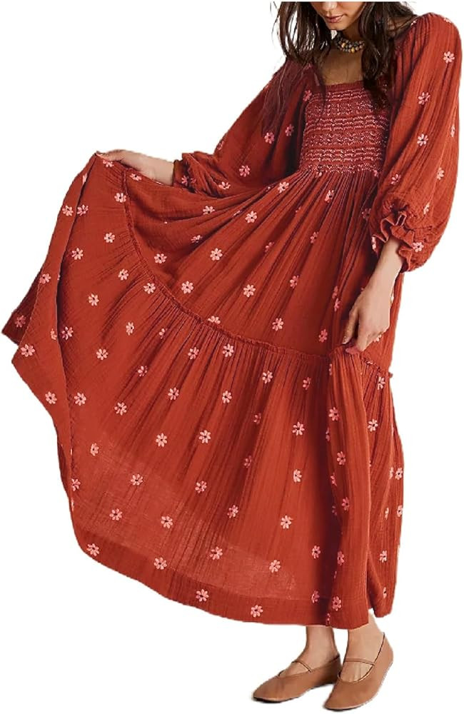 Boho Flowy Maxi Dress for Women Puff Long Sleeve Square Neck Embroidered Swing Tiered Long Dress | Amazon (US)