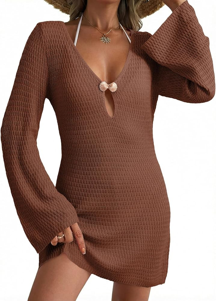 Dokotoo Beach Cover Ups for Women Sexy Deep V Neck Crochet Swimsuit Knit Hollow Out Cover Up Dres... | Amazon (US)