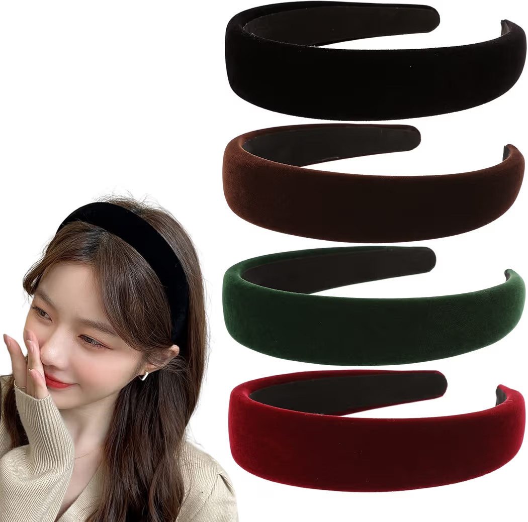 4Pcs Black Velvet Headband, Wide Hairbands Pack, Thick Headband Set, Red Brown Green, Padded Hair... | Amazon (US)
