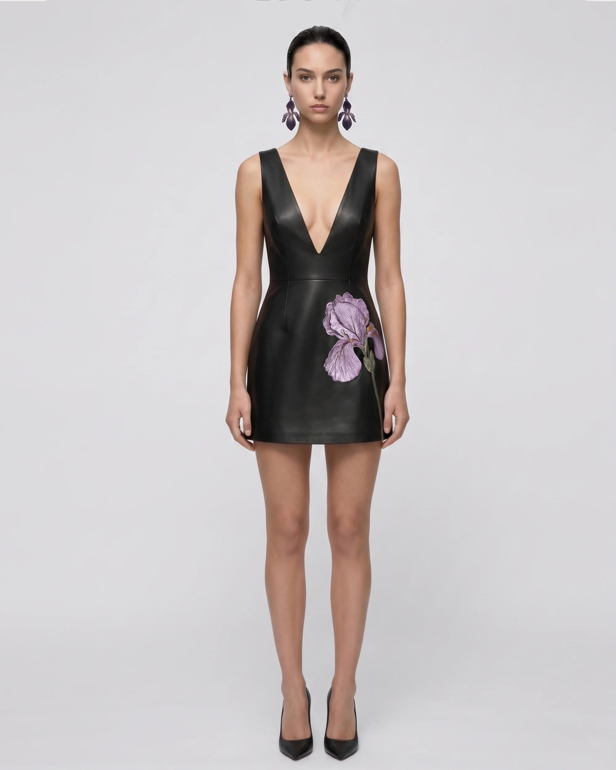 Iris Floral-Print Plunge-Neck Leather Mini Dress - Black | JW PEI US
