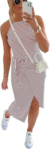 NOLLSOM Women Casual Sleeveless Striped Tank Midi Dresses Halter Neck Ruched Bodycon DressesTie W... | Amazon (US)