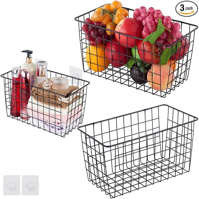 3 Pack【Extra Large】Hanging Kitchen Basket,Wire Storage Basket,with Traceless Tape and High-St... | Amazon (US)