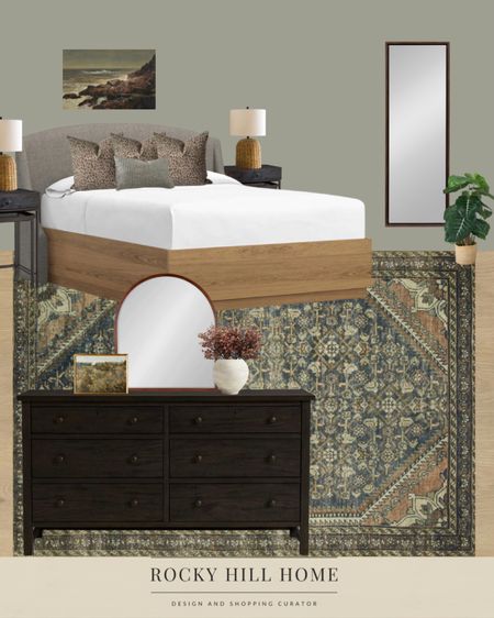 Primary bedroom inspired by Farrow and Ball Pigeon and Crate and Barrel bed, dark wood dresser, pottery barn black nightstands, arched walnut mirror, sea grass lamps, coastal art, studio mcgee framed art, ivory vase, full length mirror, etsy pillows, magnolia home rug

#LTKhome #LTKstyletip