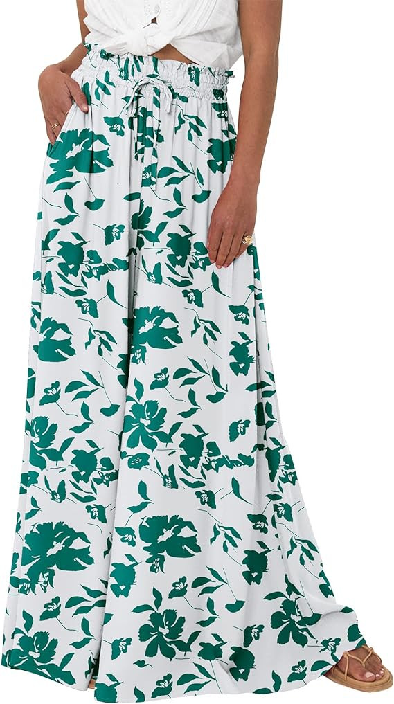 BTFBM Women Casual High Waist Wide Leg Pants Summer Floral Solid Long Palazzo Pants Lounge Beach ... | Amazon (US)
