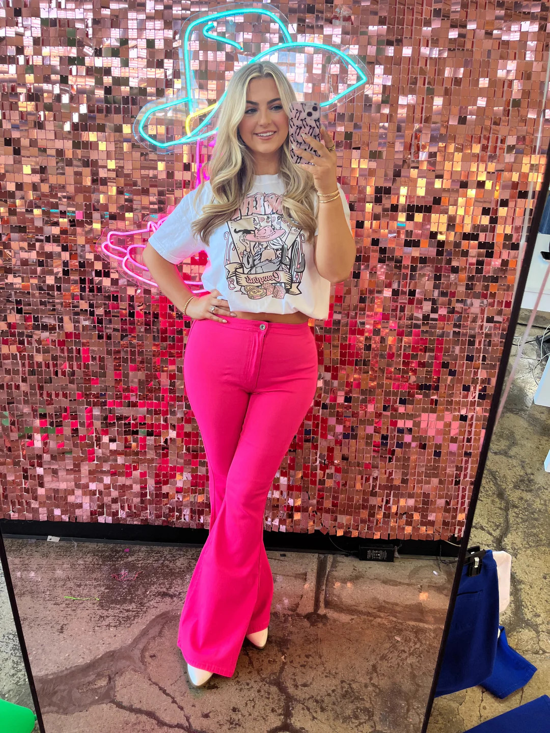 Fiona High Waisted Bell Bottom Flare Jeans - Pink | Willow Boutique