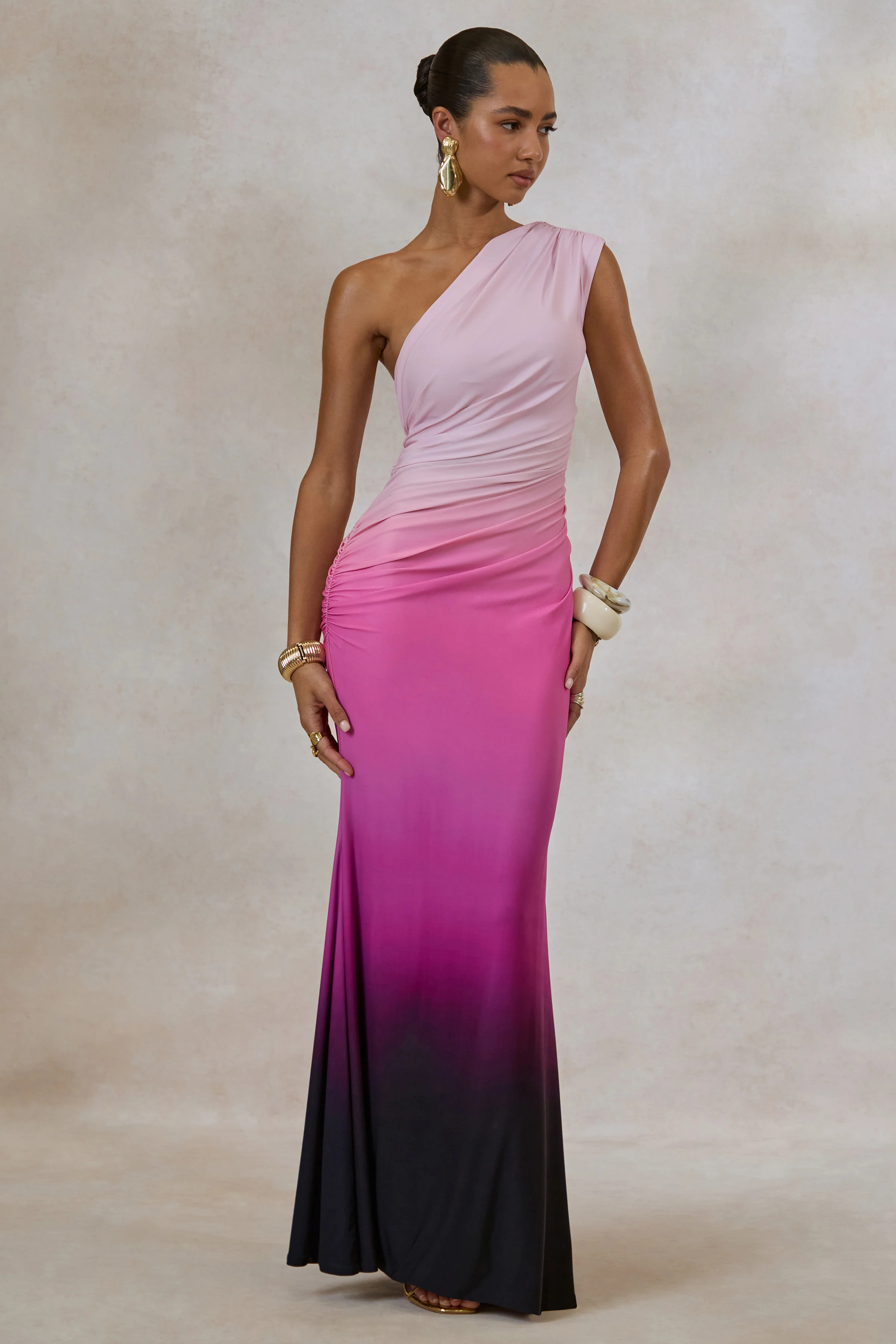 Lauretta | Pink Ombre Asymmetric Maxi Dress With Ruching | Club L London